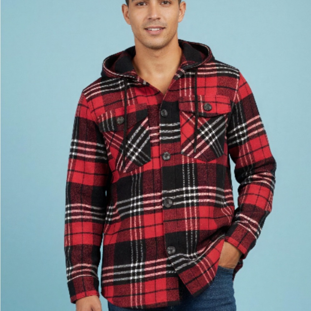 S.L. Fashions Red and Black Plaid Shirt Jacket